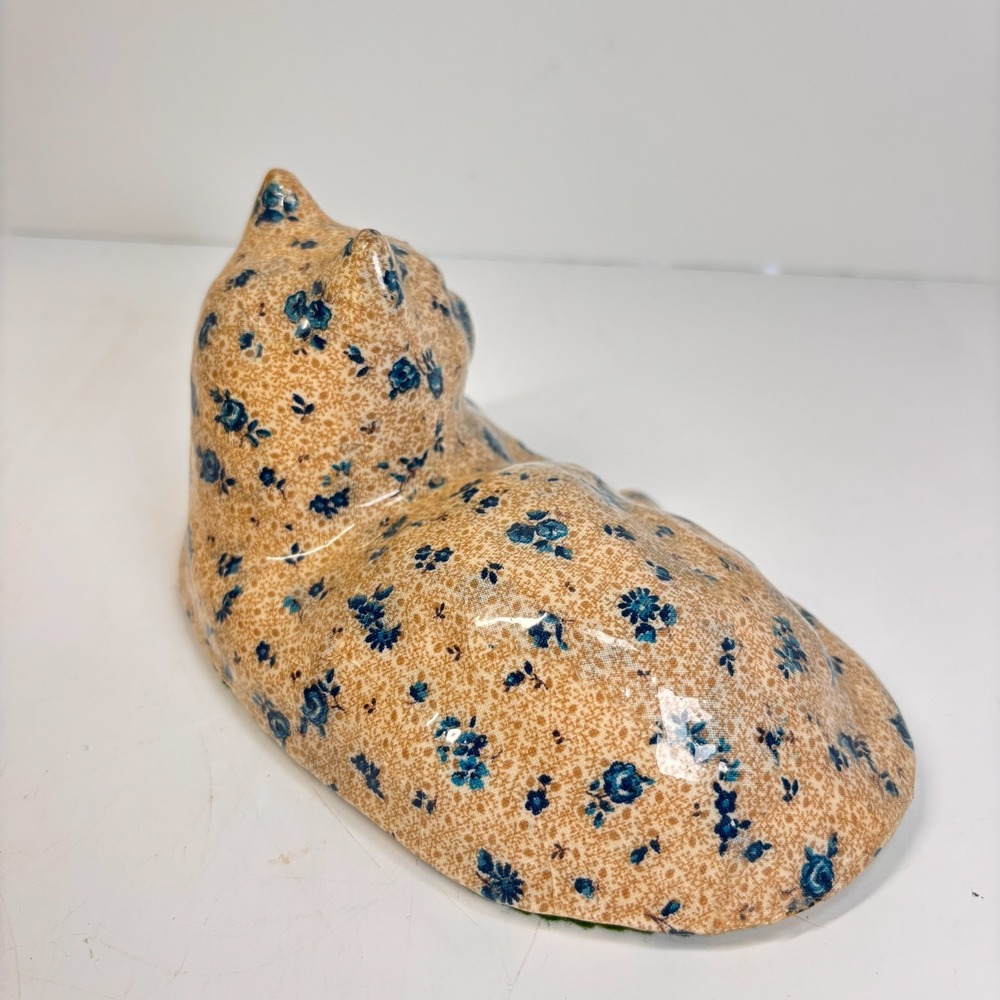 Vintage Papier Mache Cat Figurine Floral Blue Flower Decoupage Cottagecore Decor - Picture 5 of 12